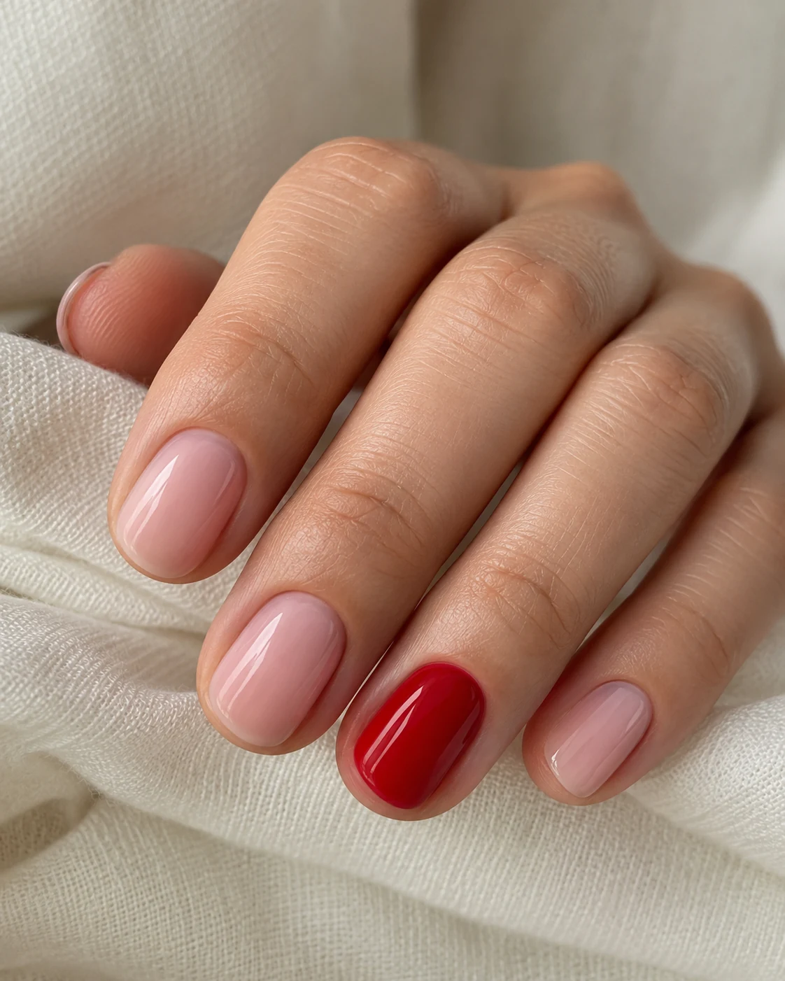Illustrative nails concept: one red nail among sheer pink.