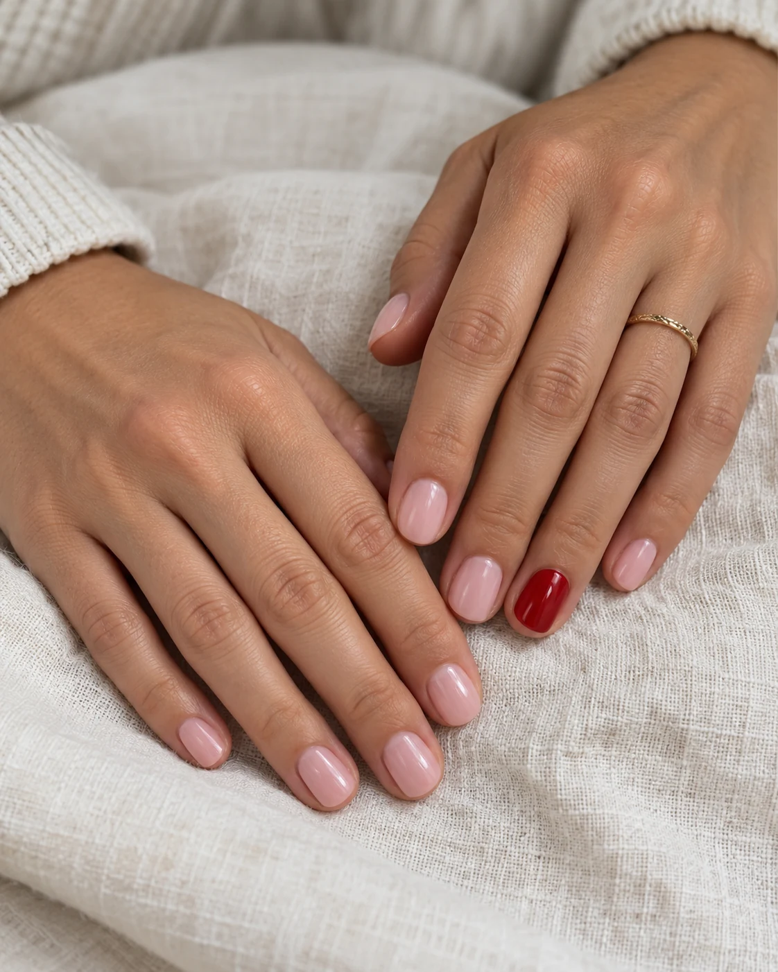 Illustrative nails concept: plain pink with one red accent.