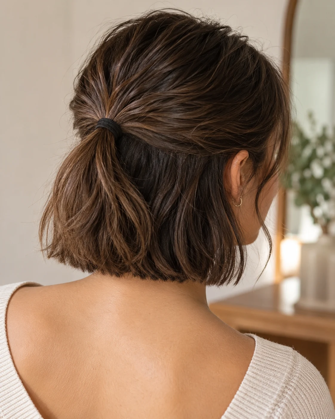 Illustrative concept: a low half ponytail on a bob.