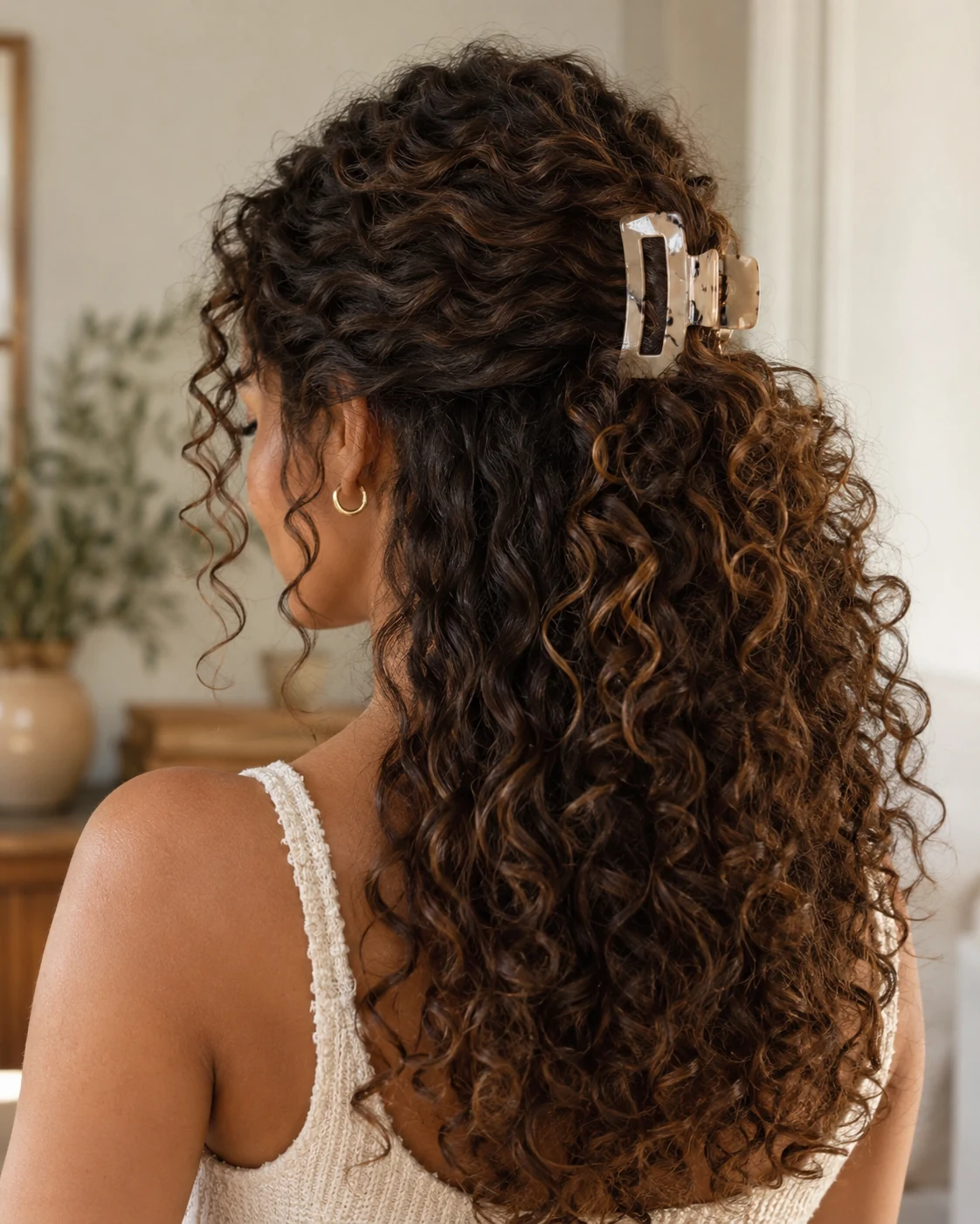 Illustrative concept: a curl-preserving half-up shape.