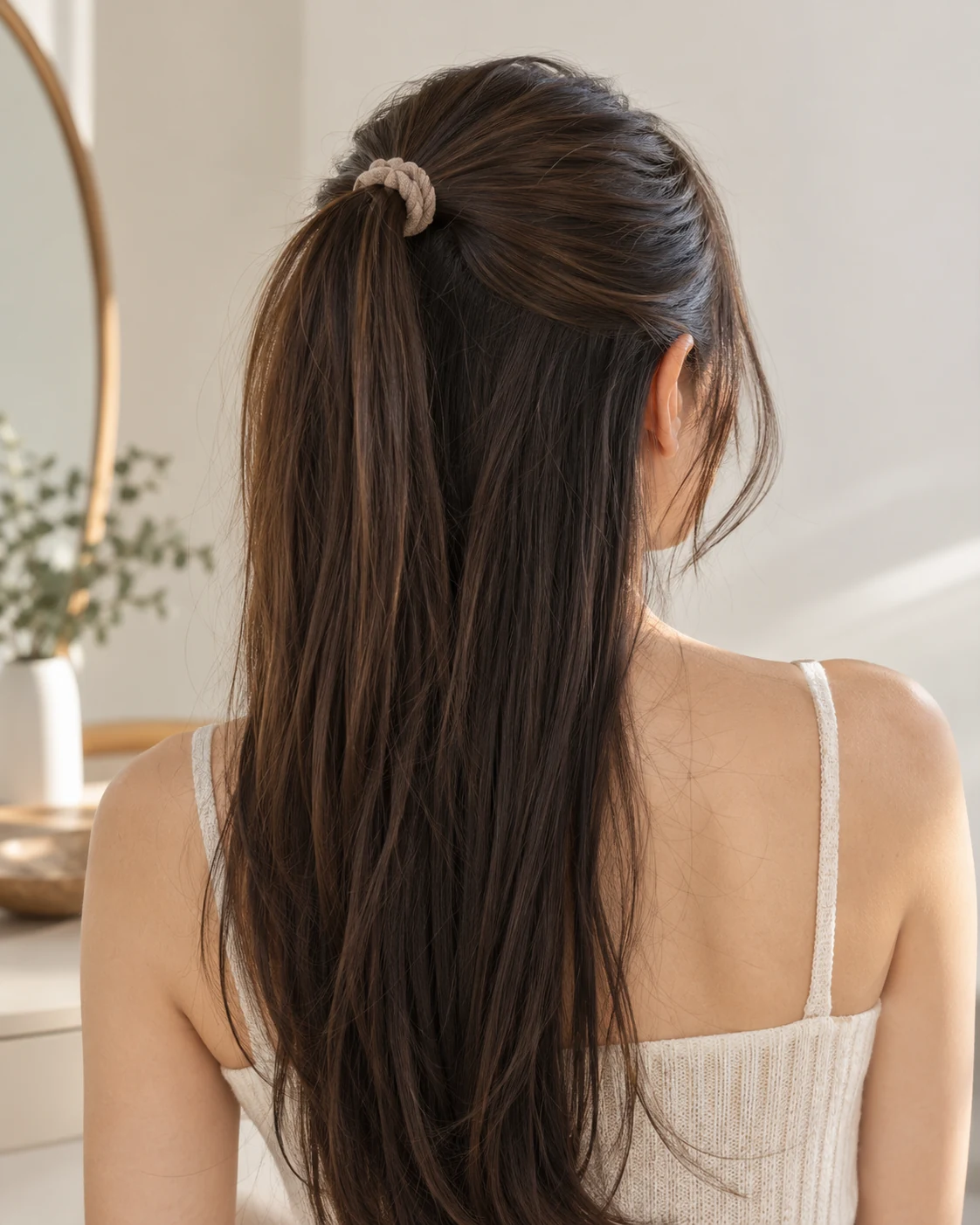 Illustrative concept: a higher half ponytail for longer layers.