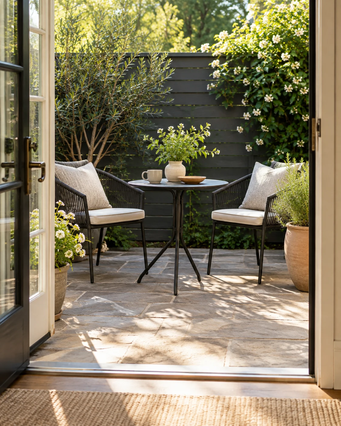 Illustrative concept: two chairs with a table that stays small.