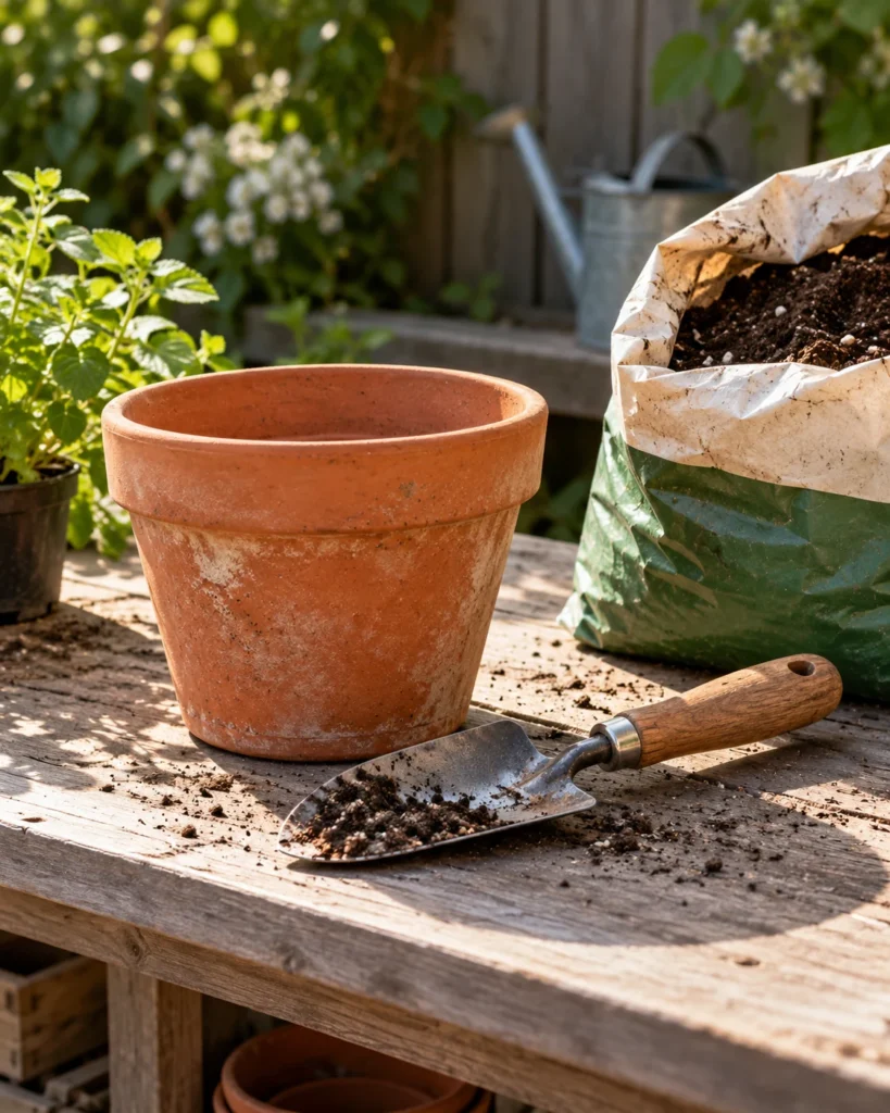 Illustrative concept: a hand trowel for the container opening.