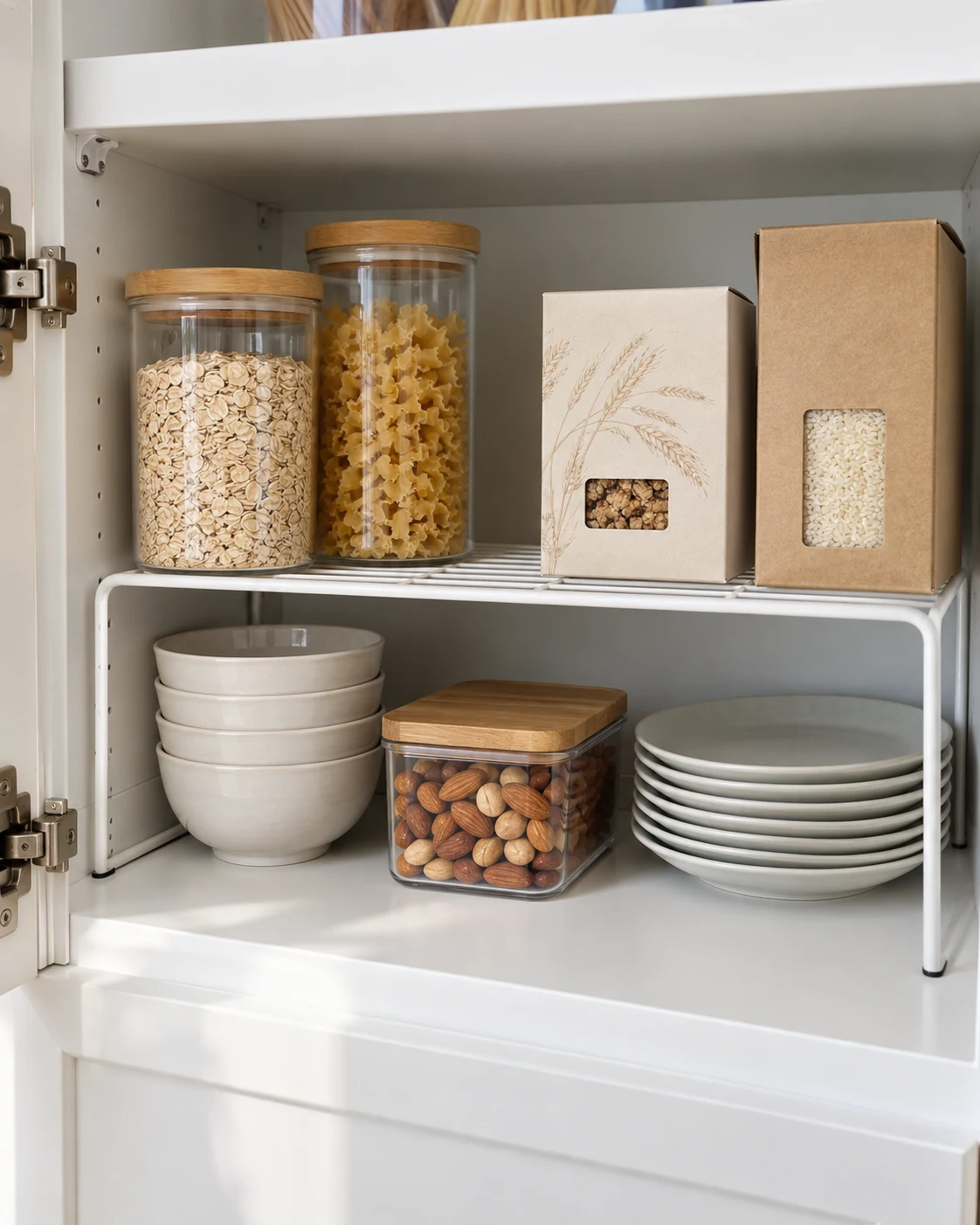 Illustrative concept: use a shelf riser only where it fits.