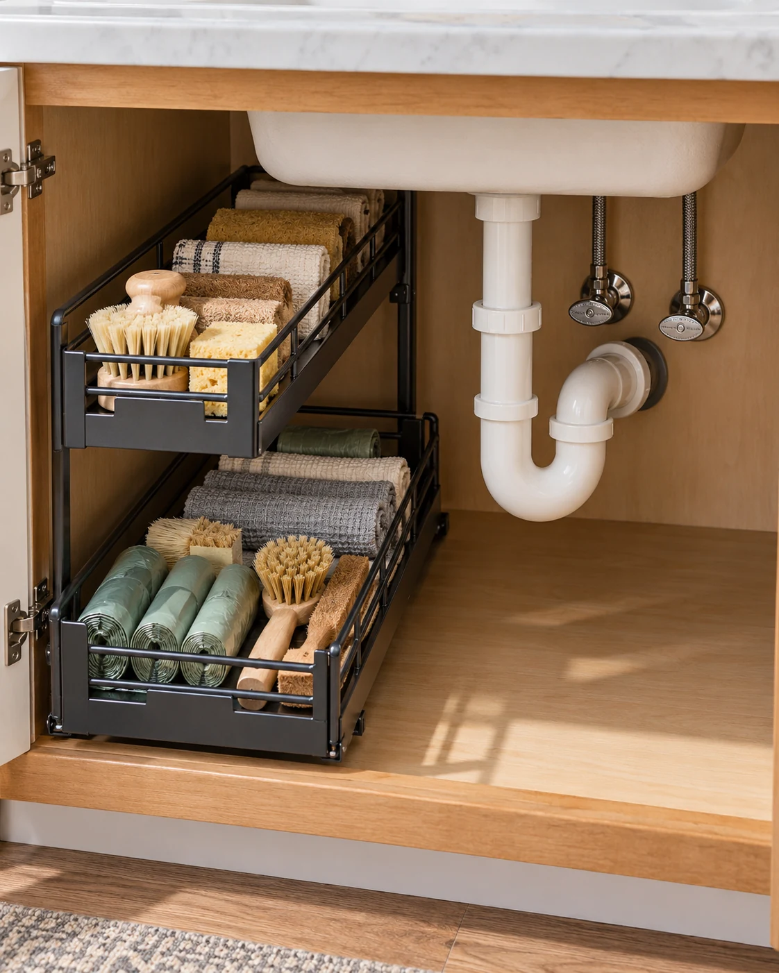 Illustrative concept: fit a narrow drawer beside the pipe.