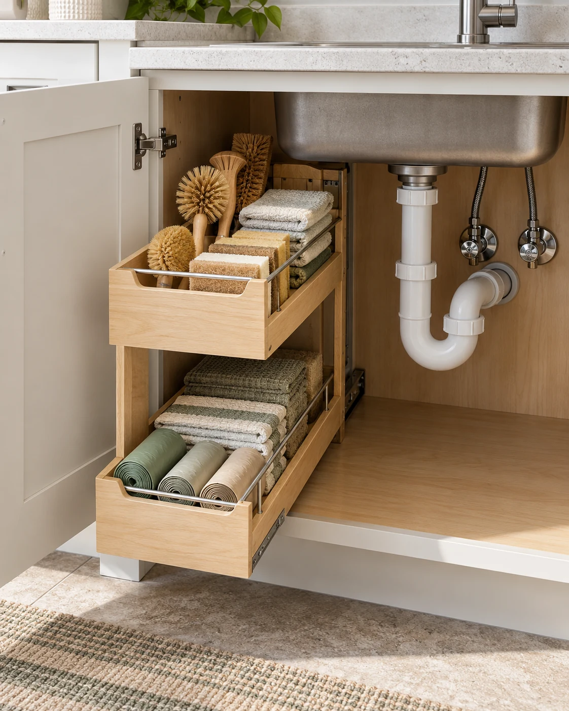 Illustrative concept: check the fully open door and drawer together.