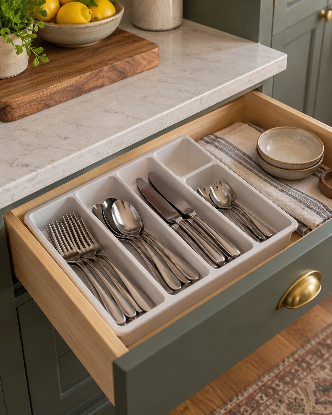 Illustrative concept: keep everyday cutlery in one working zone.
