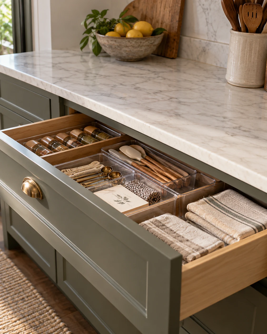 Illustrative concept: check the drawer while closing it.