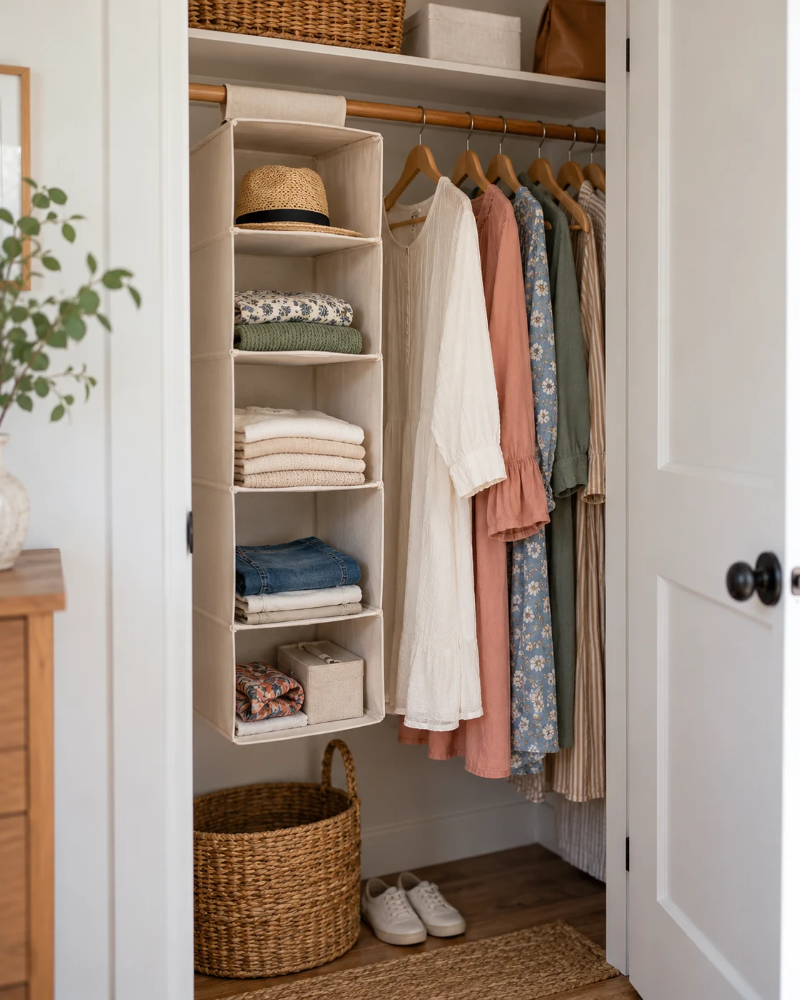 Illustrative concept: use one hanging shelf for lighter categories.