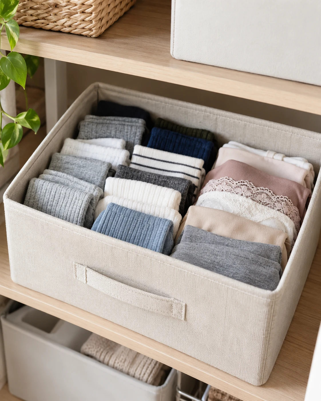 Illustrative concept: fold small items into a visible bin.