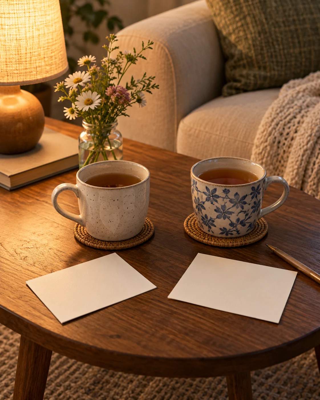 Illustrative concept: tea with one question each.