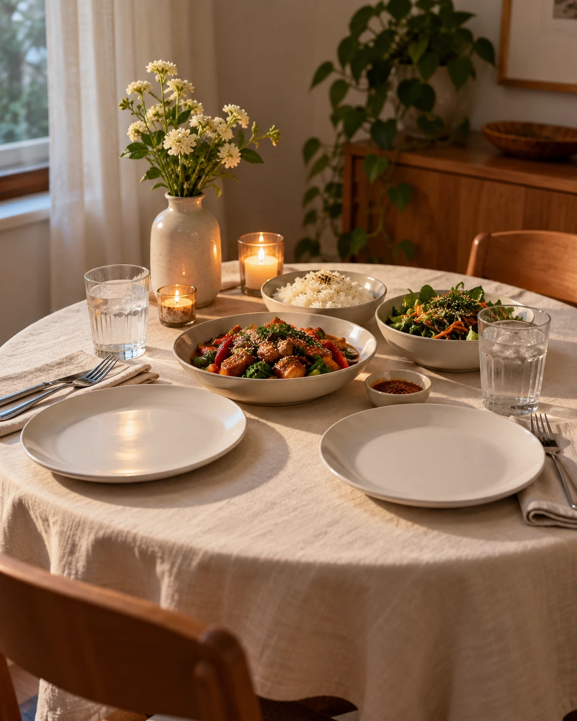 Illustrative concept: set the table for takeout.