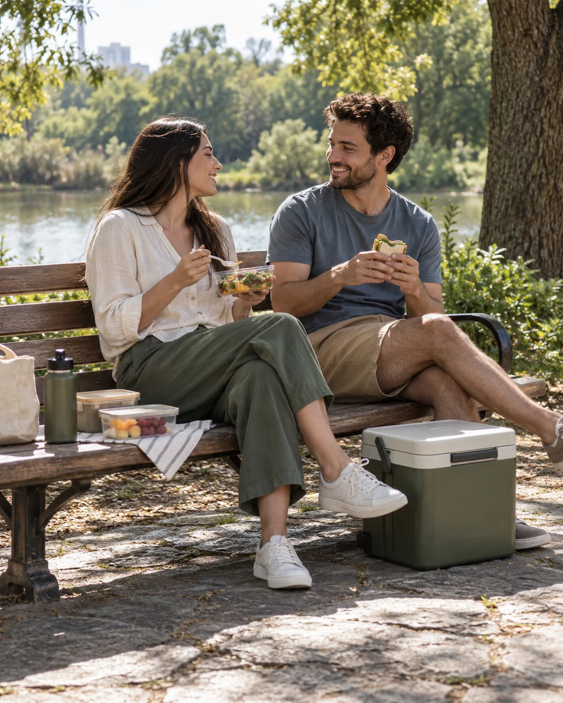Illustrative concept: a park bench picnic with a proper backrest.