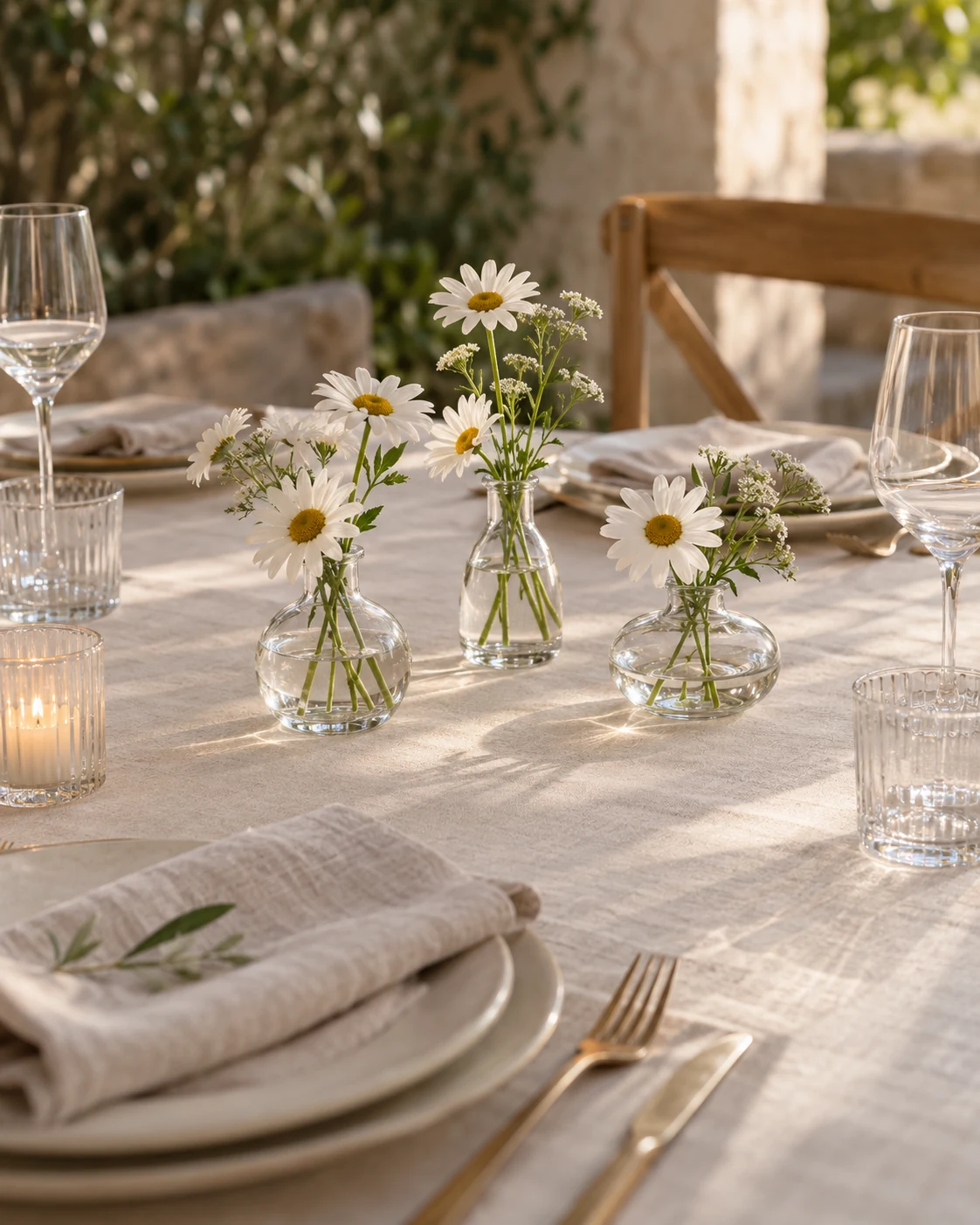 Illustrative concept: three low vases with one flower color.