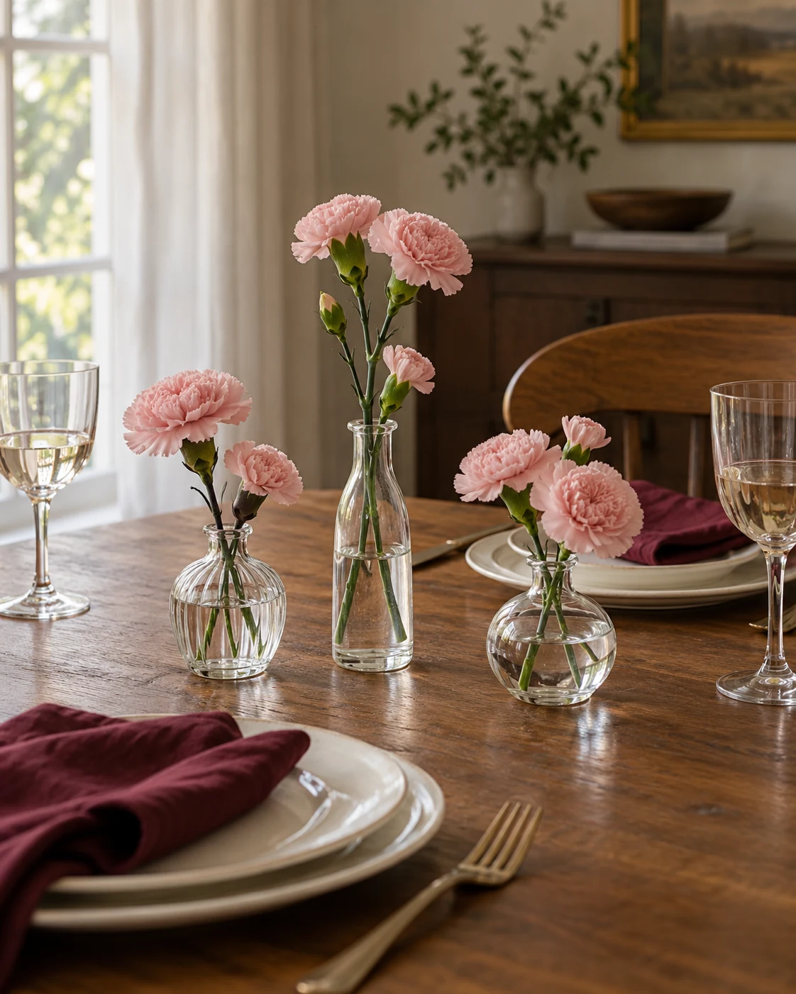 Illustrative concept: blush flowers on an uncovered wood table.
