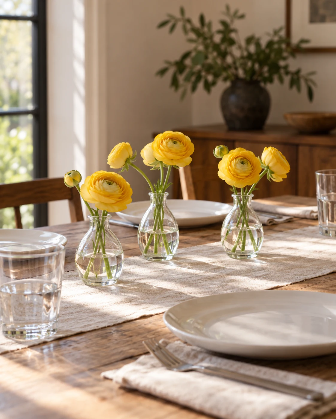 Illustrative concept: yellow flowers with quiet tableware.