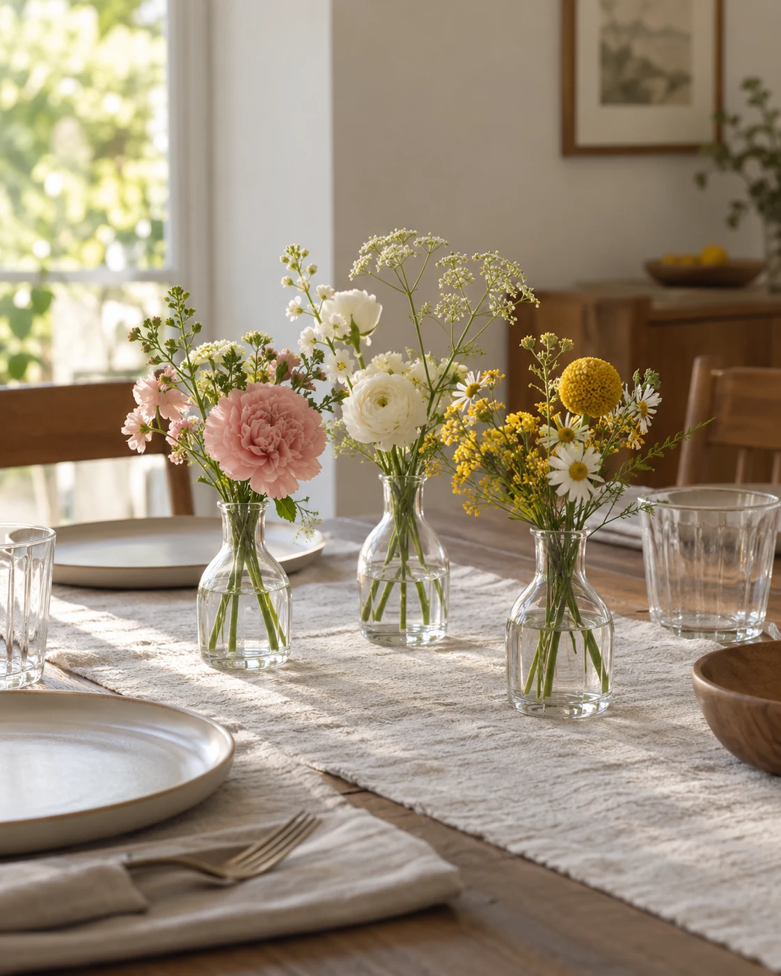 Illustrative concept: mixed flowers connected by one clear vessel style.