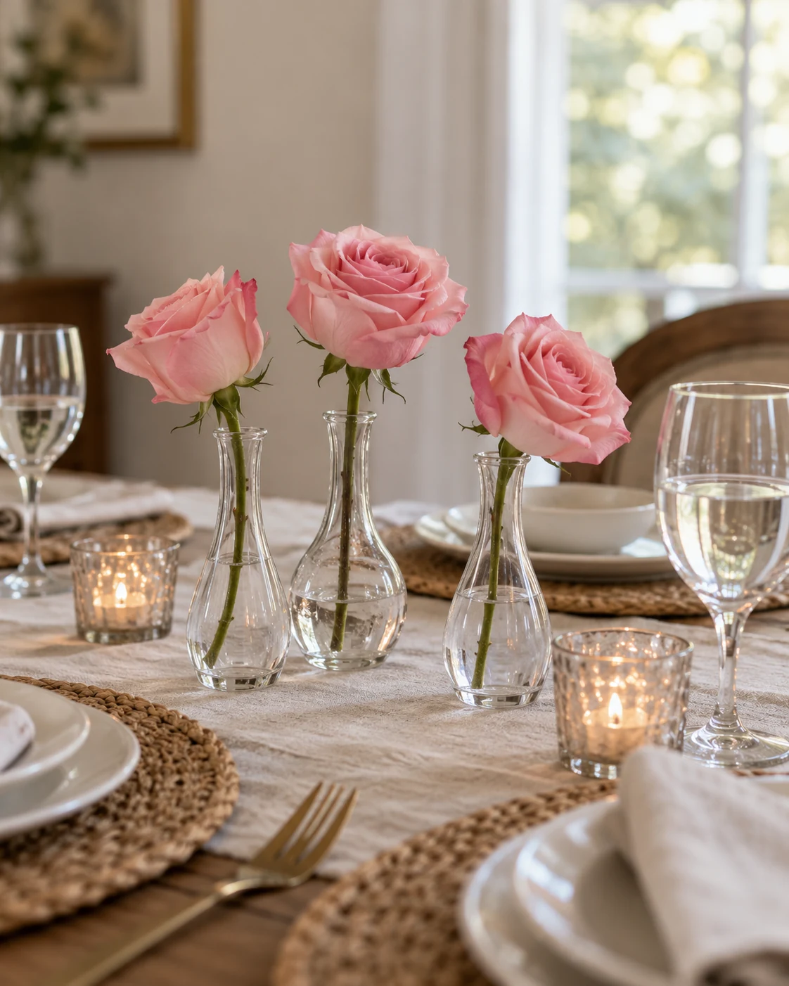 Illustrative concept: single roses with space around each neck.