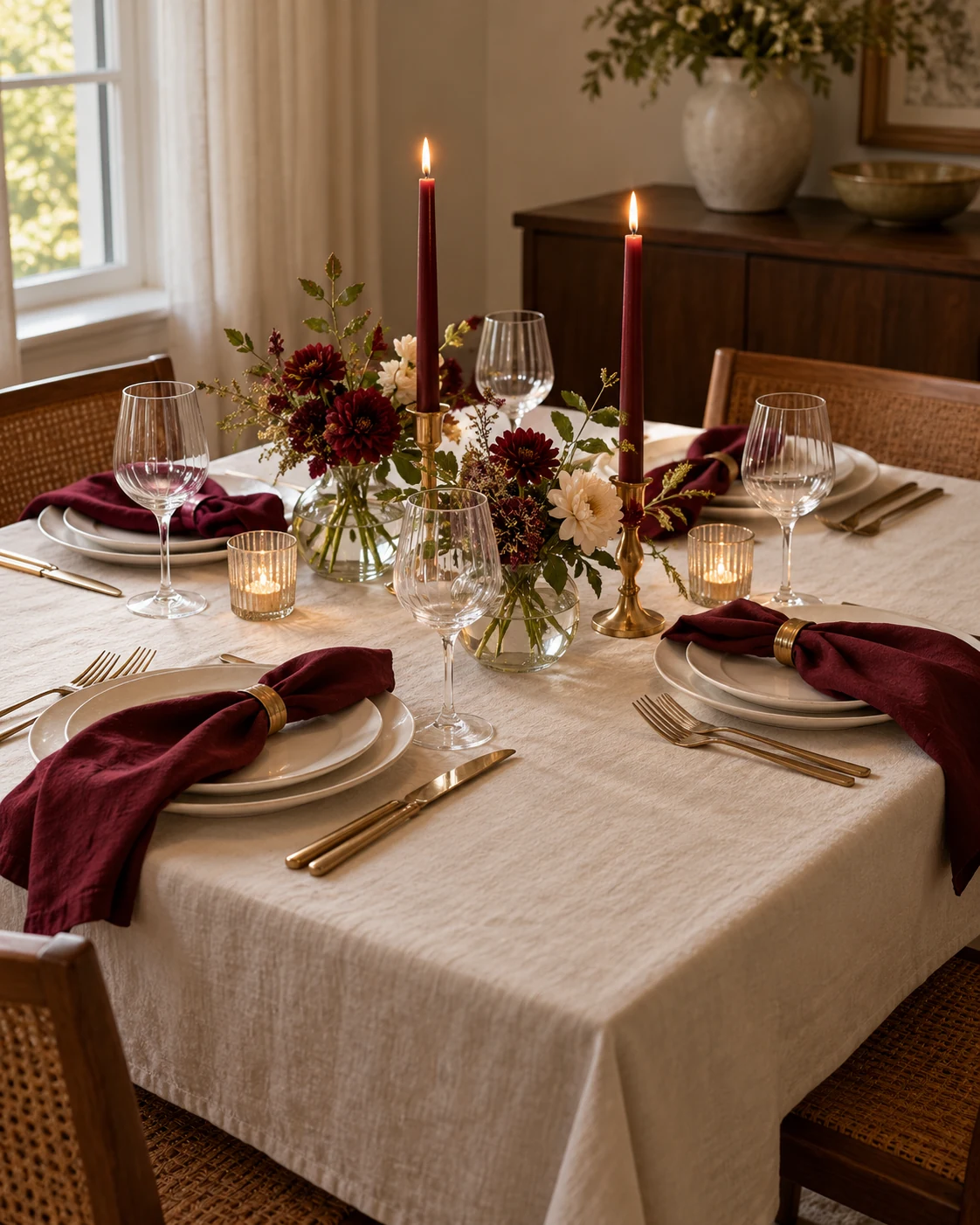 Illustrative concept: a cream-and-burgundy dinner.