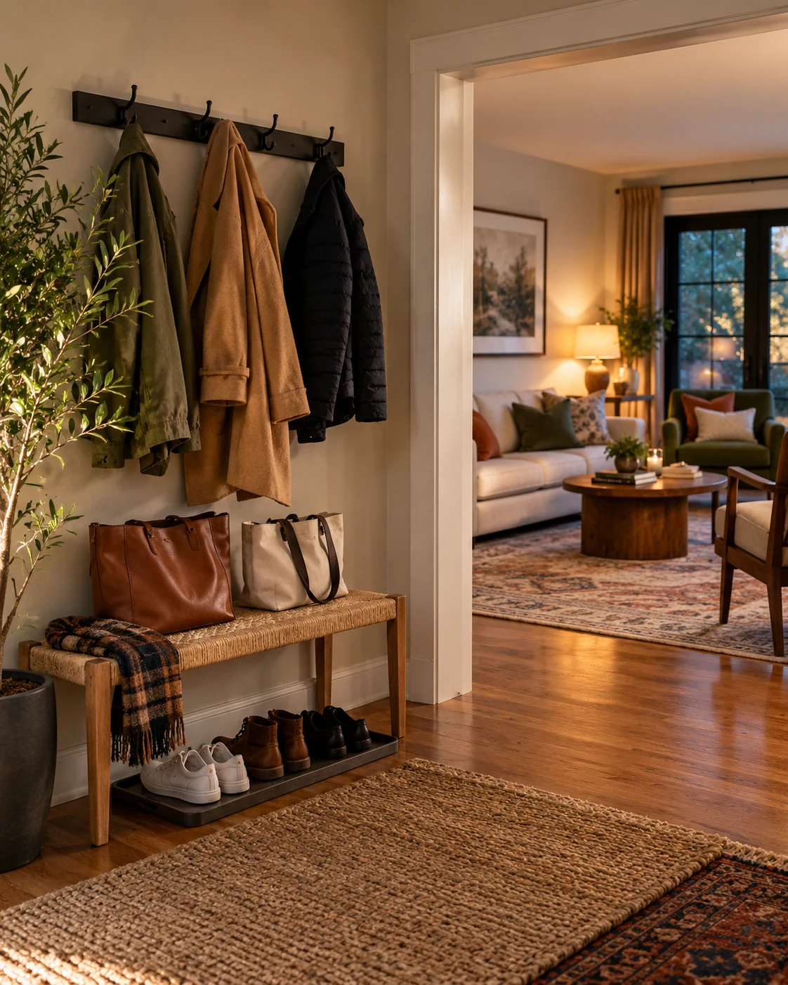 Illustrative interior concept: an entry corner that keeps coats off seats.
