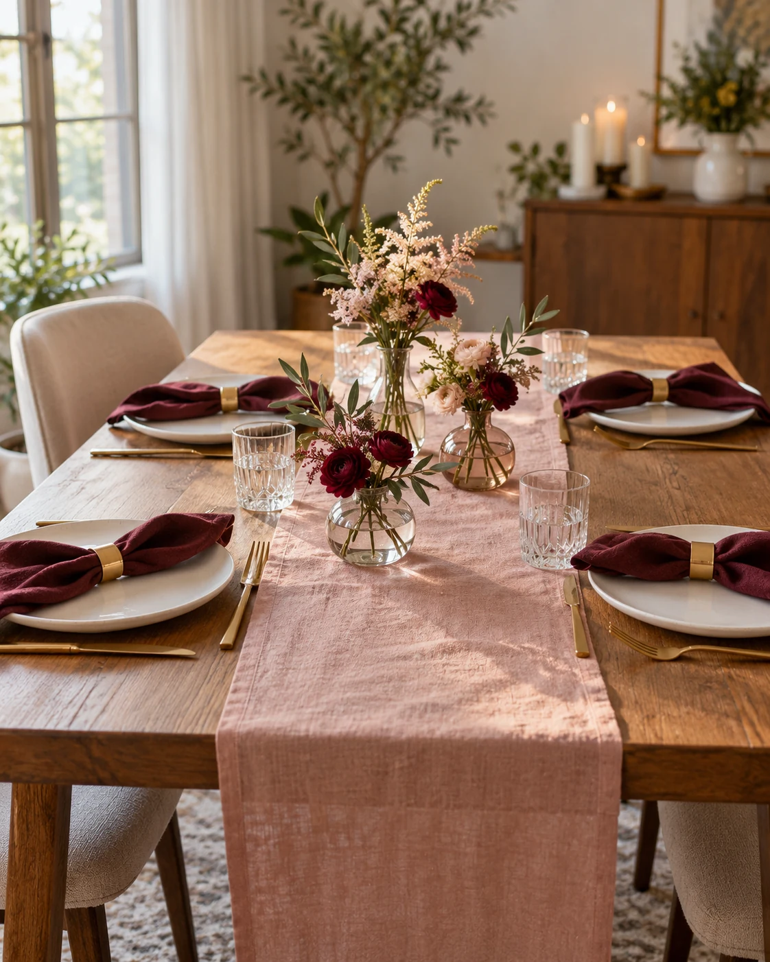 Illustrative table concept: pink linen with burgundy napkins.