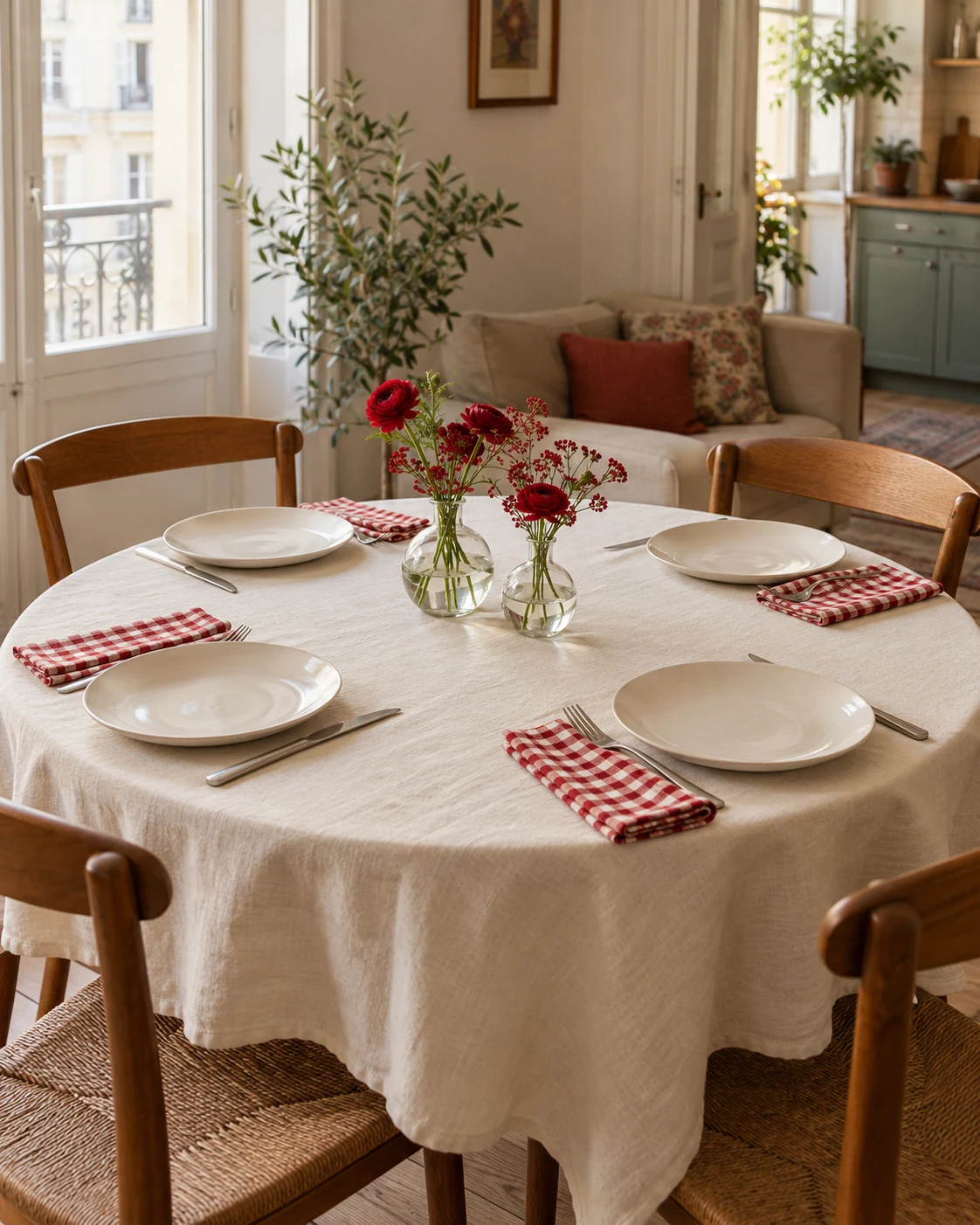Illustrative table concept: red and white with very little decoration.
