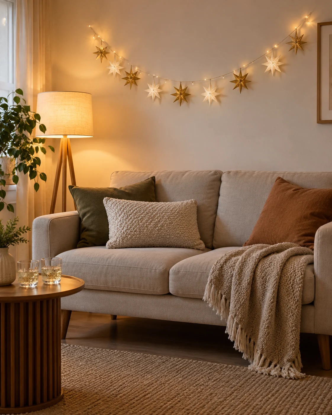 Illustrative party concept: paper stars over a quiet seating corner.