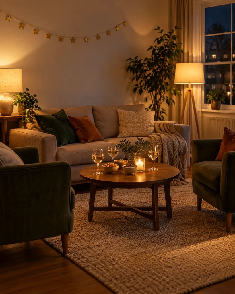 Illustrative party concept: warm lamps and a small gold detail.