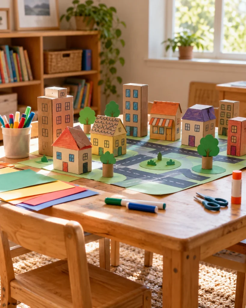 Illustrative concept: make a paper city on the table.