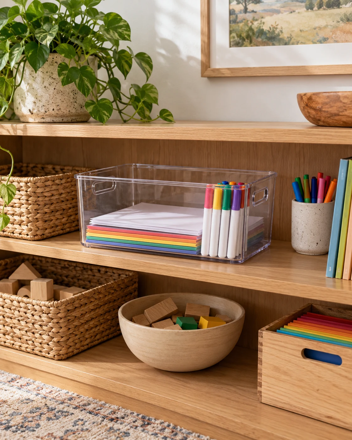 Illustrative concept: one shelf for a small supply bin.