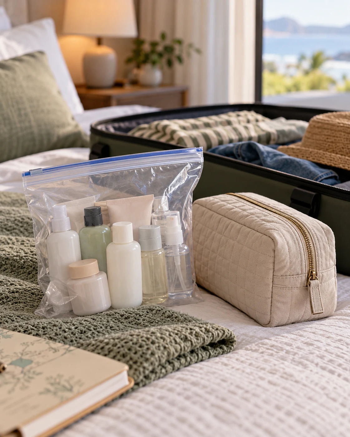 Illustrative concept: put toiletries where leaks are containable.