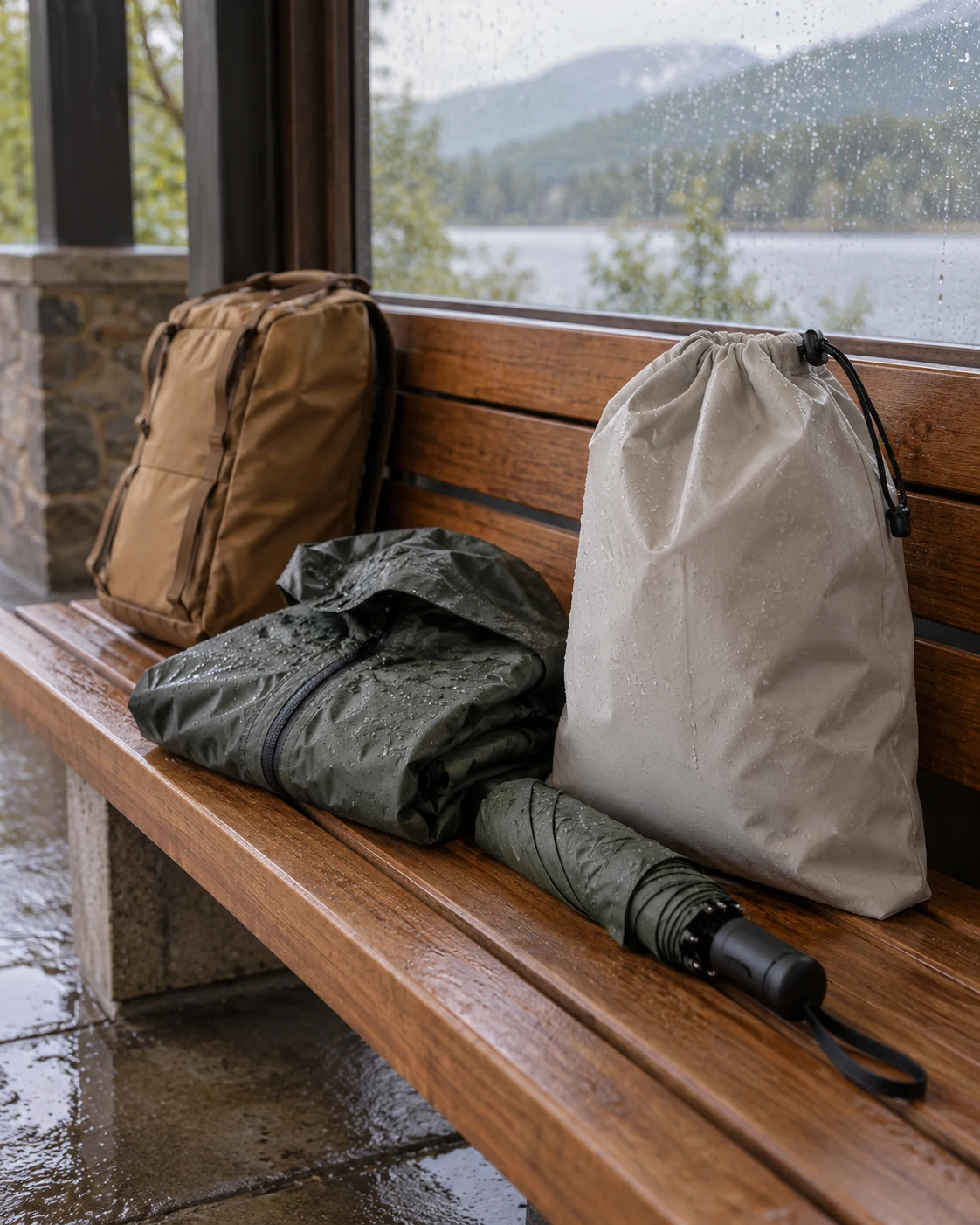 Illustrative concept: keep rain layers separate from clean clothes.