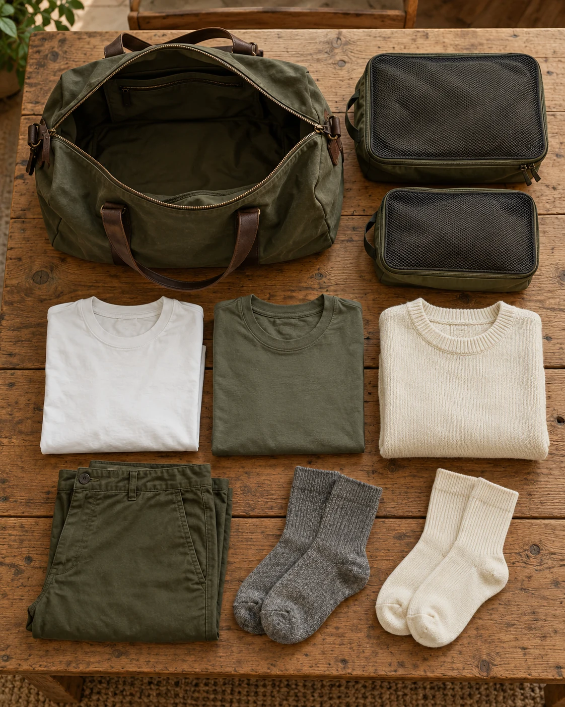 Illustrative packing concept: clothes for two nights with room left.