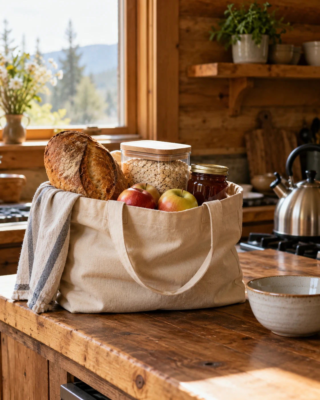 Illustrative packing concept: one shared grocery bag.
