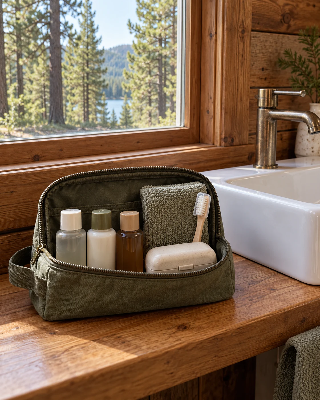 Illustrative packing concept: a small toiletry kit with only your needs.