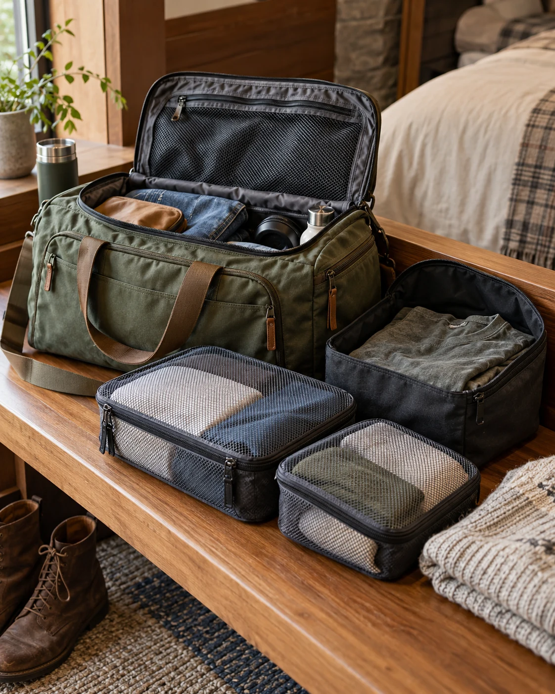 Illustrative packing concept: somewhere for worn clothes on the way home.